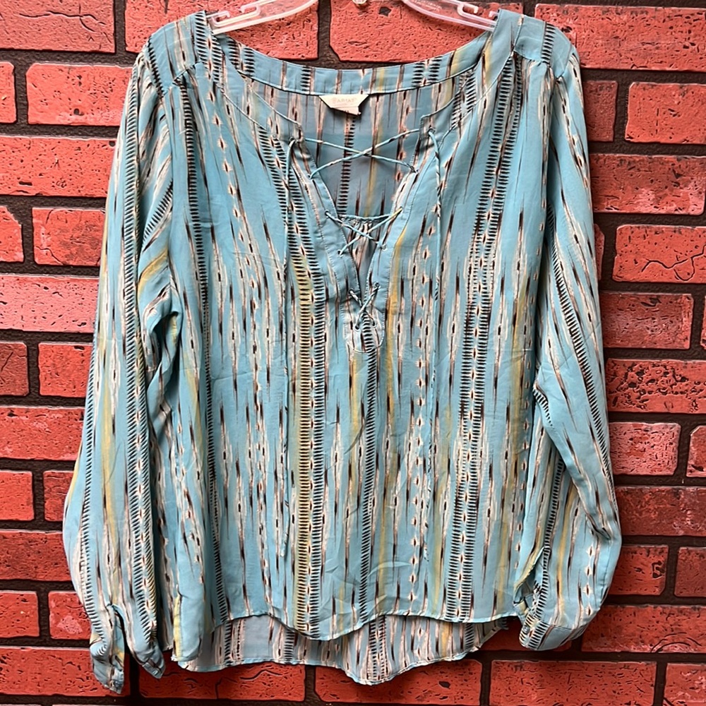 Ariat long sleeve sheer lace up print top